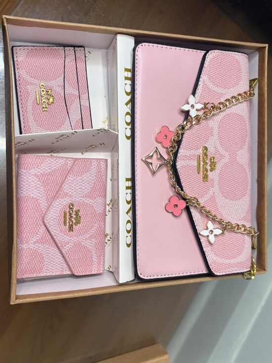 Coach Accessories - Coach Pink Signature Leather & Canvas Wallet Set with Gold Chain Accents